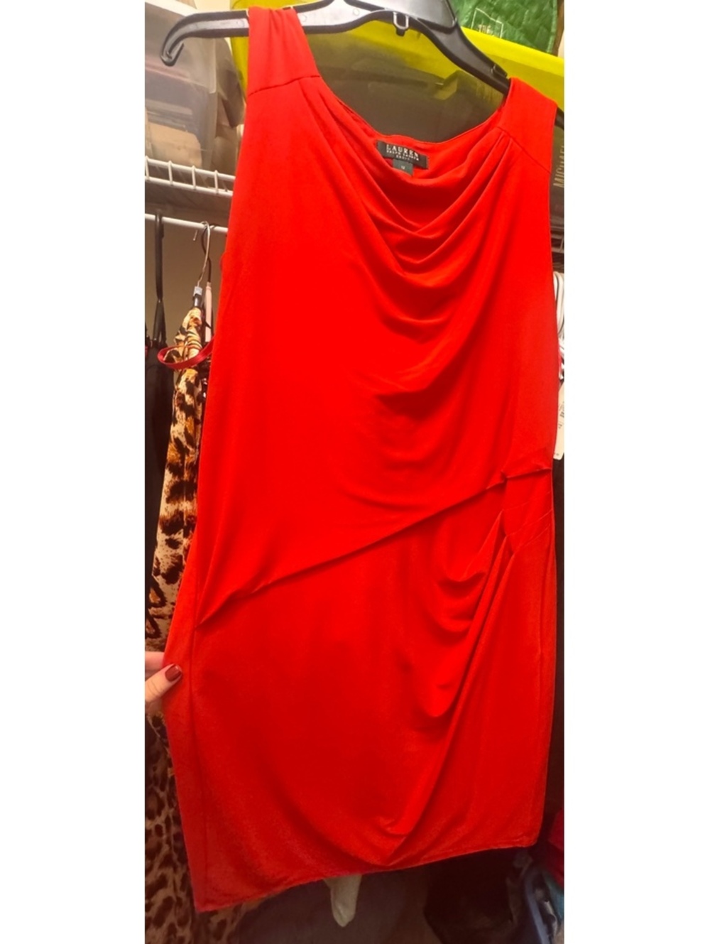 NWT Lauren Ralph Lauren Red Draped Cowl Neck Ruched Dress Size 12